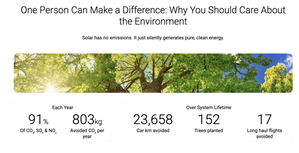 A screenshot from opensolar explaining the environmental benefits of solar