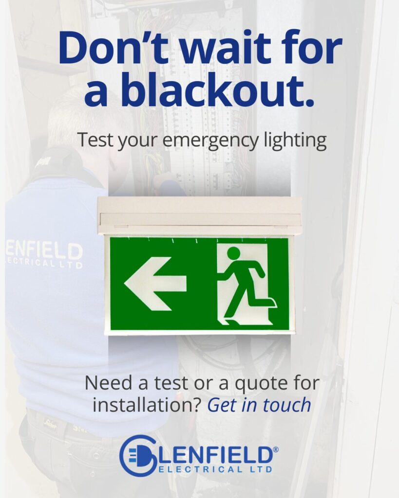 Emergency lighting blog visual. An emergency lightingg running man is set on top of an image of of an electrician.