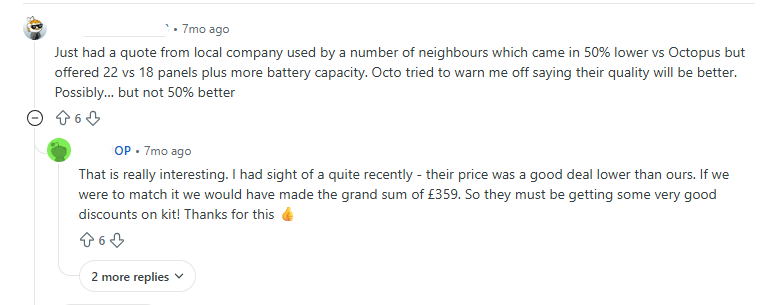 Reddit user detailing experience of a local company's better pricing